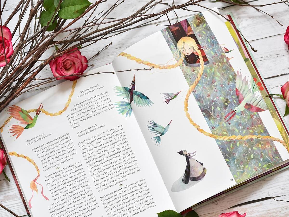 Seite mit Rapunzel Illustration aus dem Buch "Die schönsten Märchenklassiker"
